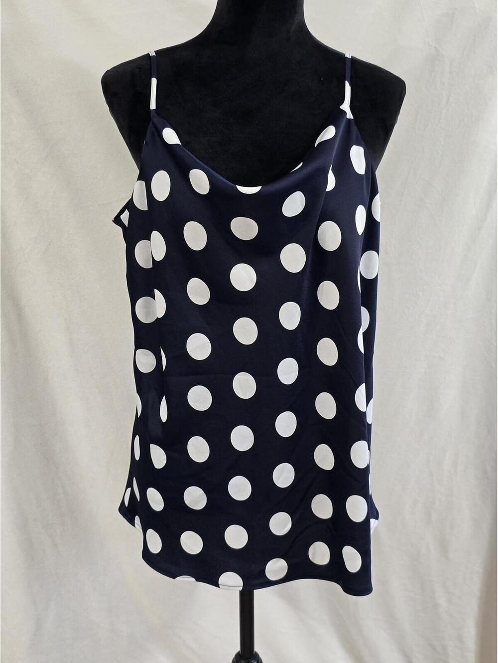 Navy Blue and White Polka Dot Cami Top with Adjustable Straps size L